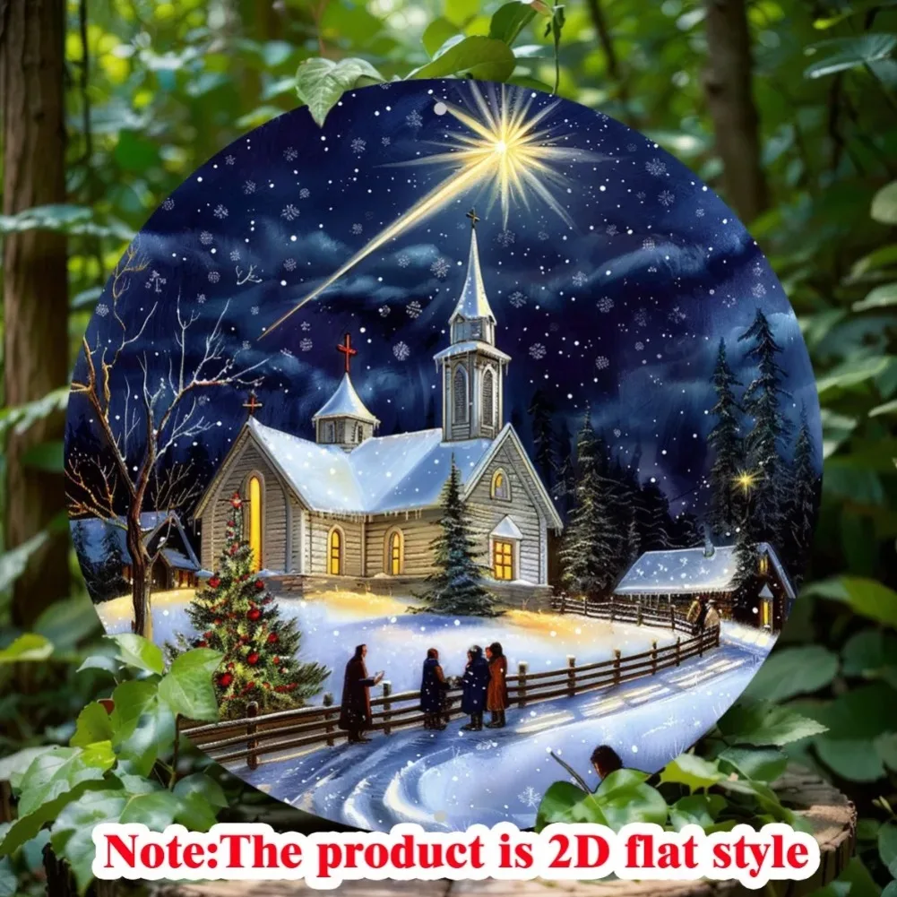 علامة ألومنيوم ساحرة للمشهد الليلي لعيد الميلاد، ديكور حائط معدني مستدير للمنزل والمكتب، هدية مثالية للعطلات