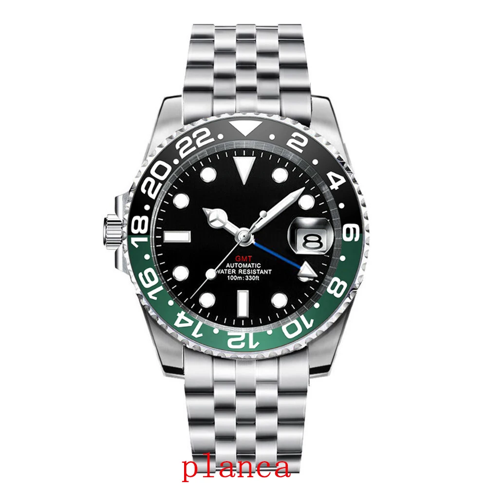 Orologio meccanico con logo personalizzato da 40 mm GMT NH34 Il lunetta girevole a sinistra con vetro zaffiro Orologio in acciaio inossidabile argento