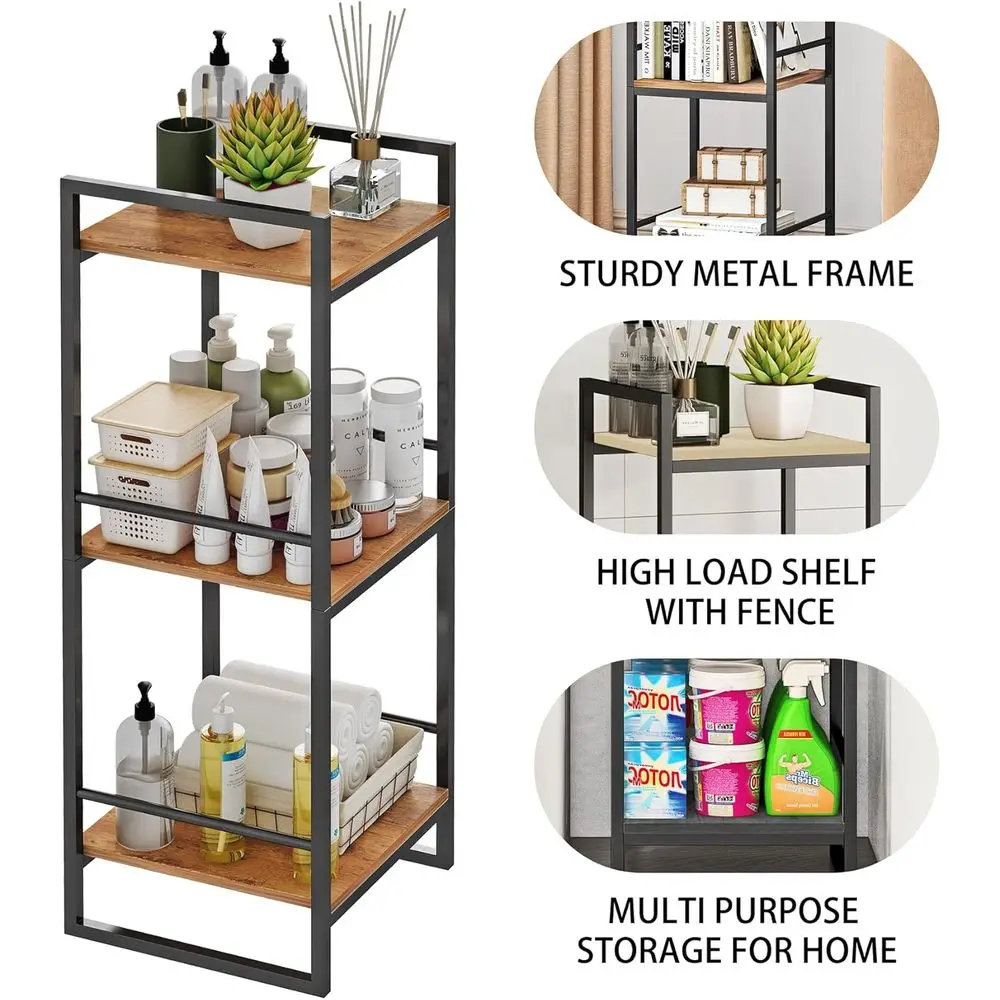 3-Tier Metal Corner Shelf, Rustic Brown, Freestanding Storage Rack for Bathroom, Kitchen, Living Room, and Hallway