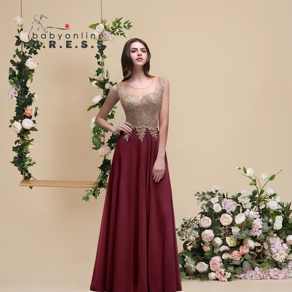 

BABYONLINE Burgundy Bridesmaid Party Dresses for Women Maxi Floor Length Mermaid Gowns Gold Appqulies Illusion Sweetheart Top