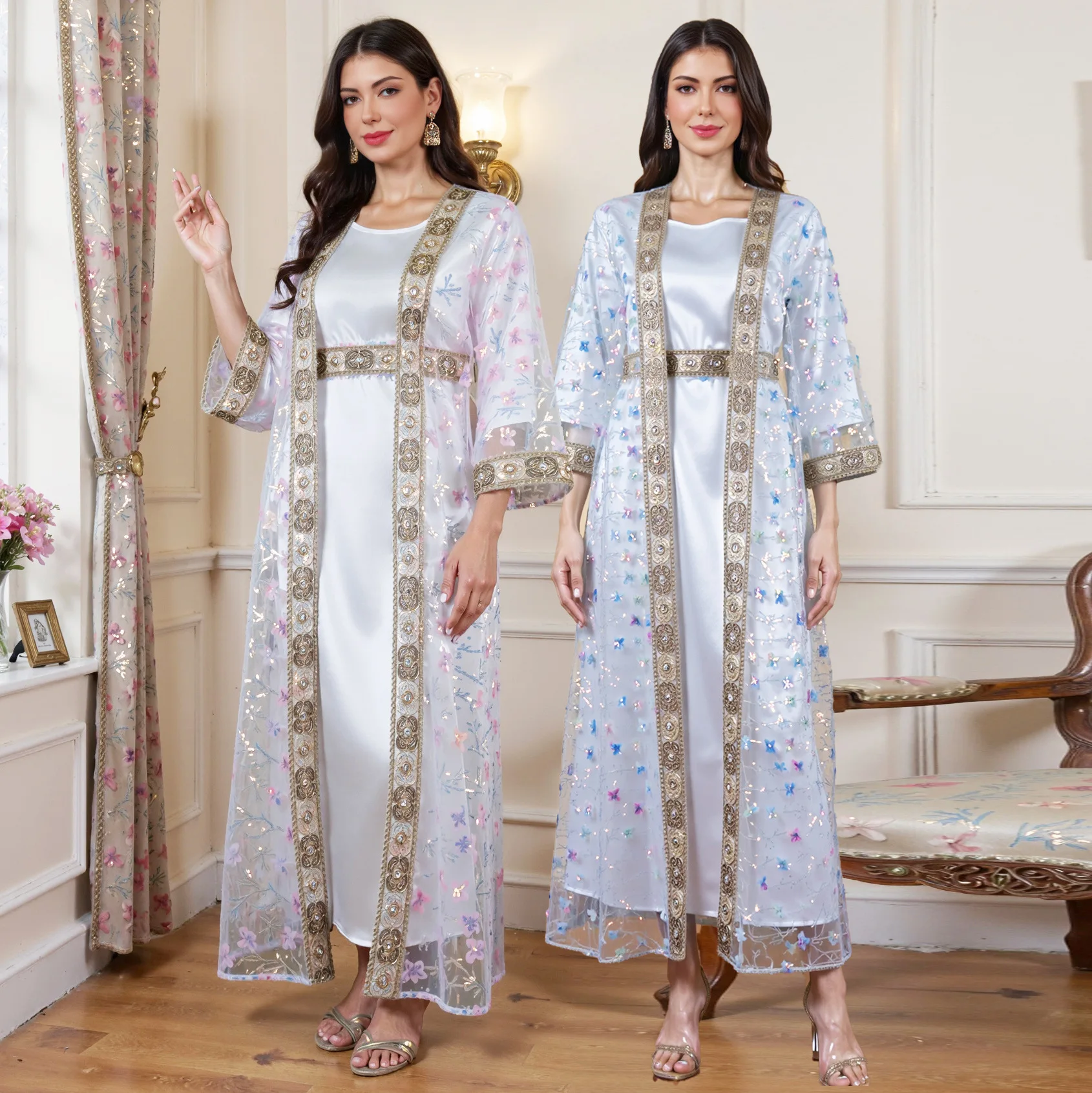 

Eid Dress Open Abaya Suit Women Dresses Cardigan Robe Muslim 2 Piece Set Sequins Mesh Kaftan Jalabiya Ramadan Dubai Vestidos