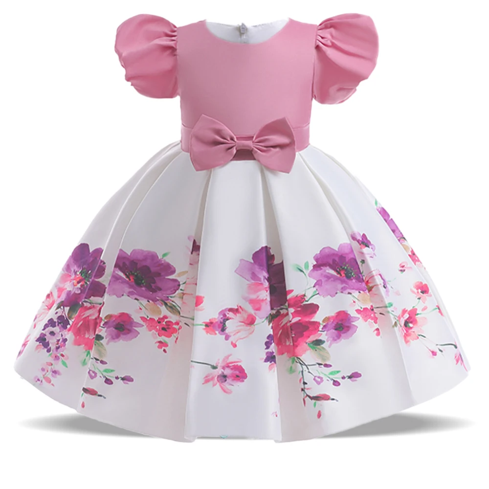 Summer Flower Print Party Dress For Girl Children Costume Puff Sleeve Bow Wedding Girl Princess Dresses Bridesmaid Birthday Gown