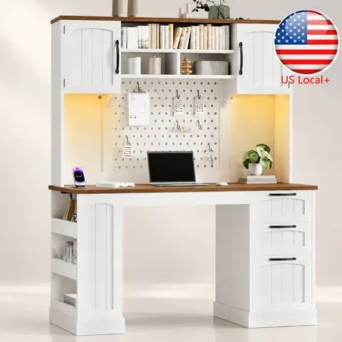 65''H Farmhouse Computer Desk with Hutch and Built-in Charging Station for Home Office Use, Rustic Brown Finish, Spacious Work