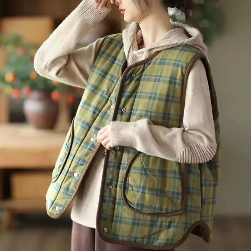 Oversized Women Vintage Plaid Puff Vest Cotton Autumn/Winter Sleeveless Jacket Cardigan New Buttons Cardigan Coats