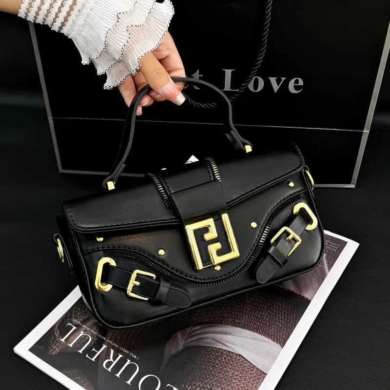 

Edgy Biker Baguette Bag, Heavy Metal Hardware Shoulder Bag, Multi-Way Crossbody & Top Handle Purse for Women, Unique Goth Style