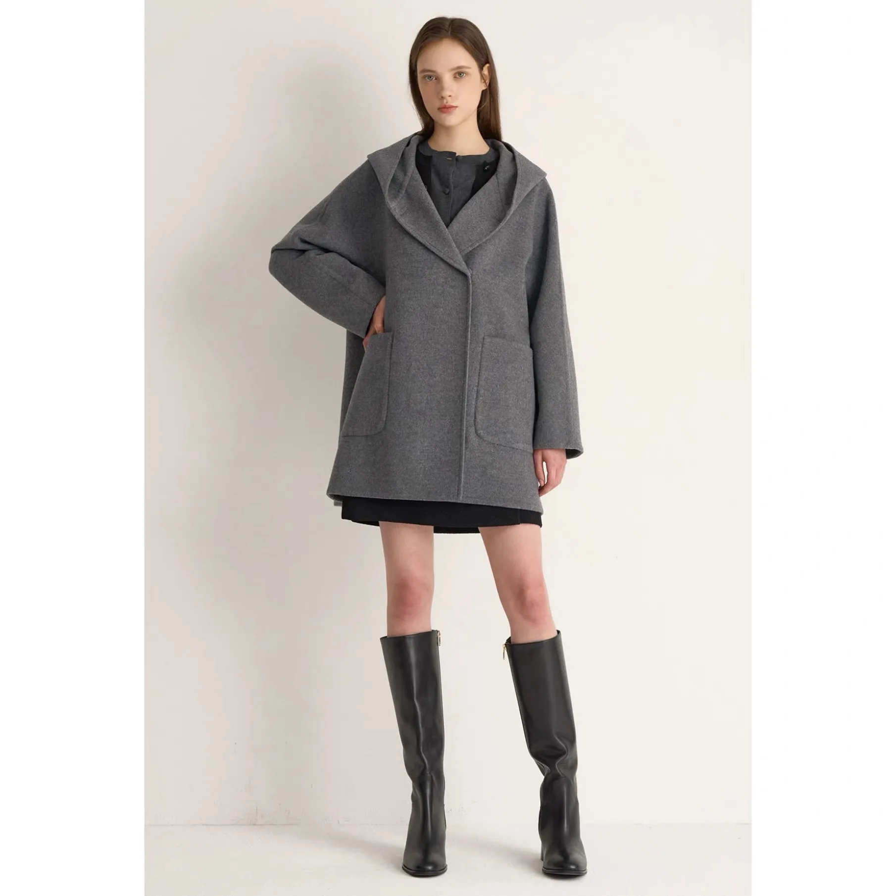 

Lemon Cheese Winter Ele Hooded Hand Sewn Double Layer Camere Versatile Mid-Length Coat Commute Loose Fit Long Sve
