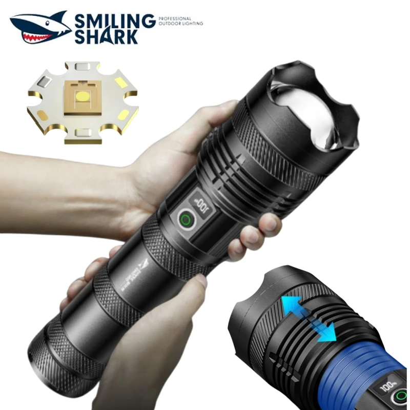 Smiling Shark SD7147LED Rechargeable Flashlight, M77 Zoomable Torch,with Tail Light, Red Warning Light, for Outdoor Camping