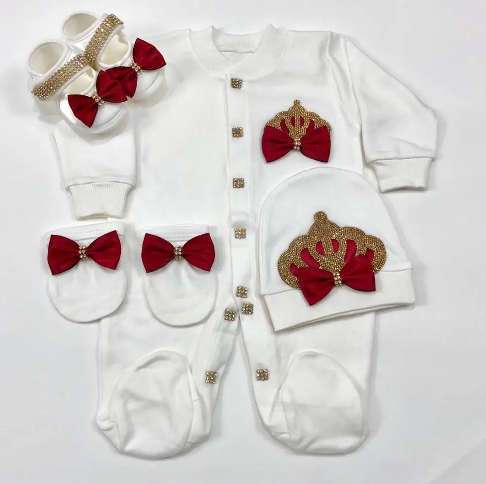 Origin Turkey 4 Pieces Taking me Home Newborn Hospital Nursery Photography Onesie Set Bling Crown Jewelry Romper Layette Set