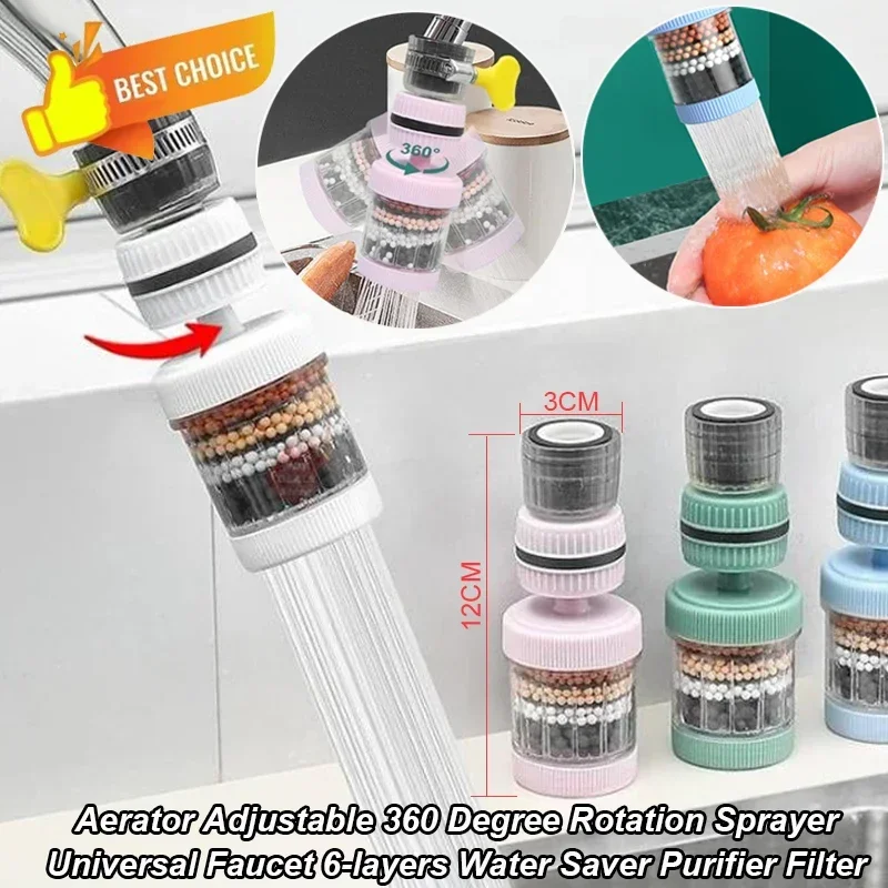 

Универсальный кран, 6-слойный водосберегающий фильтр, регулируемый фильтр для очистки, брызгозащищенный барботер, вращающийся на 360 градусов распылитель