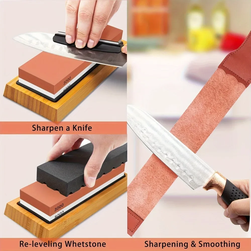 Professional Knife Sharpening Stone Set, 400/1000/3000/8000 Grit Whetstones with Bamboo Base, Angle Guide & Leather Strop