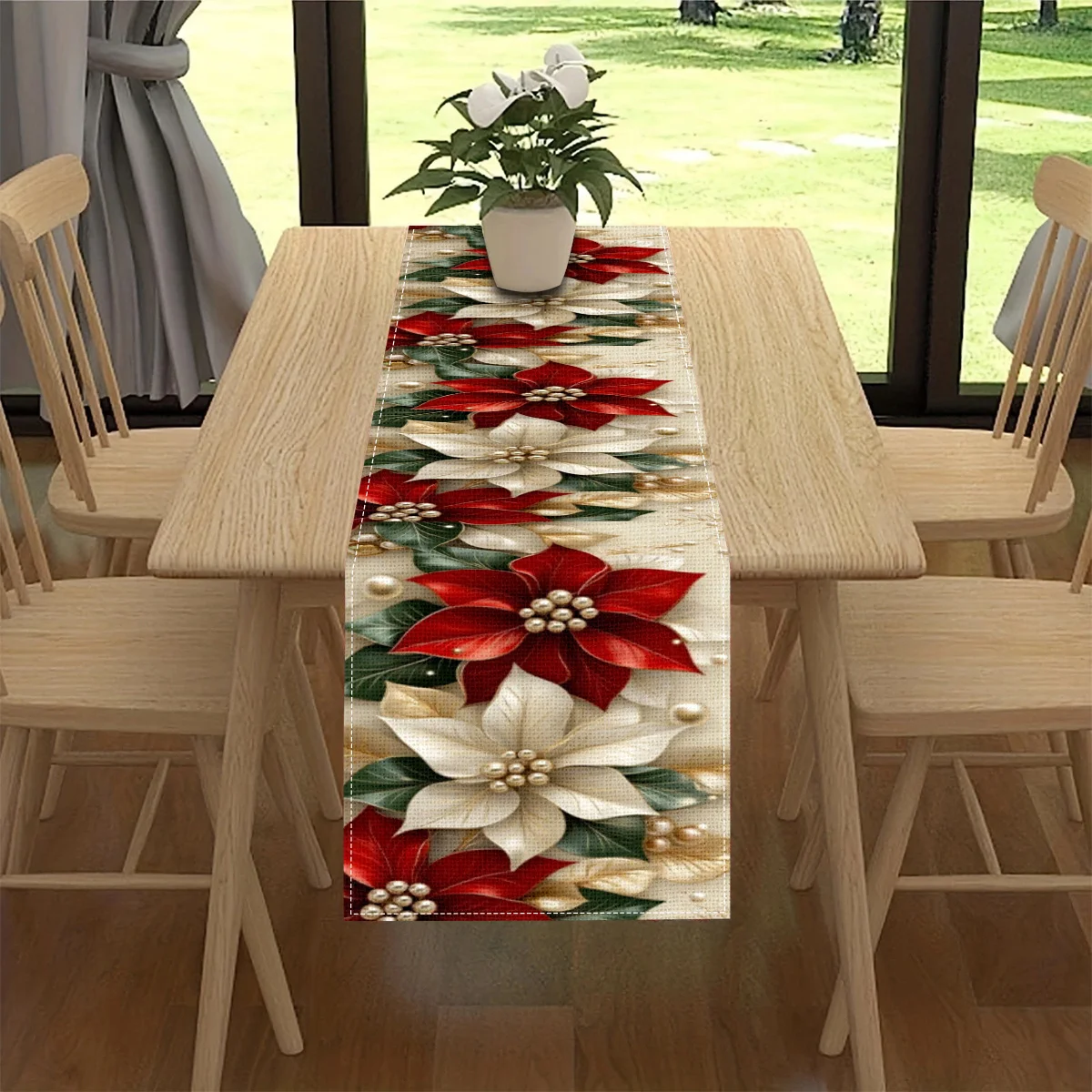 1 Stück Vintage Weihnachtsstern-Weihnachtstischläufer, roter und weißer Blumendruck, festliche Tischdekoration für Weihnachtsessen und Feiertage