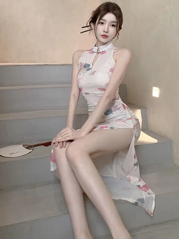 

Сексуальное облегающее повседневное улучшенное платье миди в китайском стиле в стиле ретро с высоким разрезом и цветочным узором, футболка из ацетатного волокна 00%