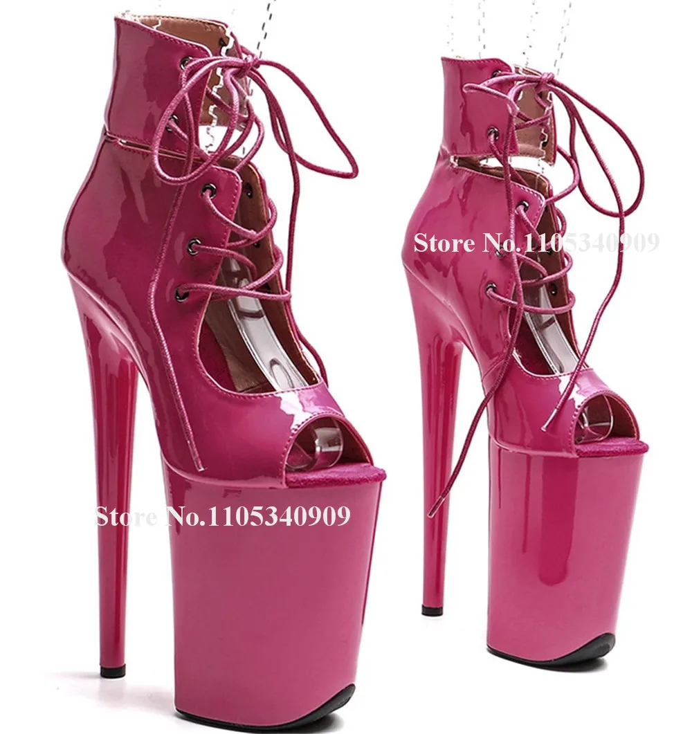 

Bondarenko Cut-out Pink Wine Red Patent Leather Stiletto Short Boots Peep Toe Lace-up High Platform 20cm Thin Heel Dance Shoes