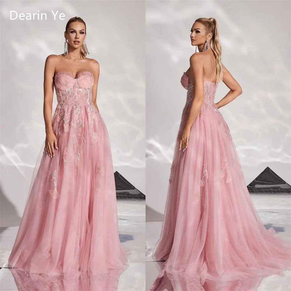 

Prom Dress Evening Formal Gown Dearin Strapless A-line Floor Length Skirts Open Back Sequin Draped Tulle Sleeveless Bead Bespoke