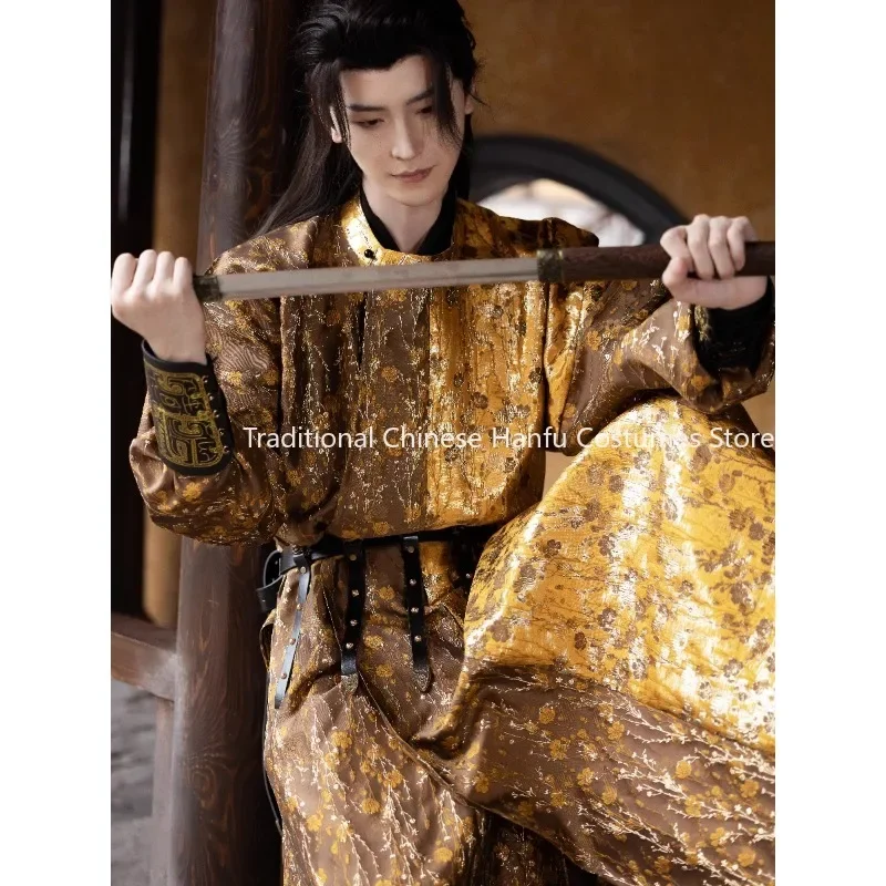 Tang Dynasty Mens รอบคอขนสัตว์ Chu Yunling Original หนังทอทอง Splicing กํามะหยี่ Robe Hanfu จีน