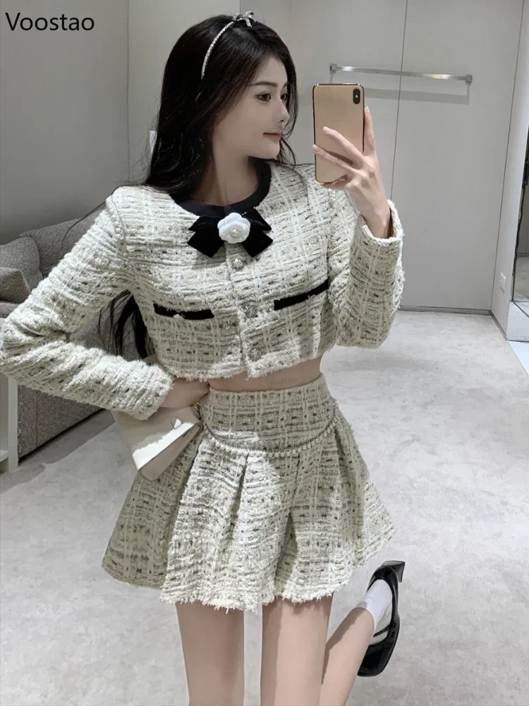 Autumn Winter Elegant Tweed Plaid Skirt Sets Women Sweet O-Neck Flower Bow Jackets Short Tops Mini Pleated Skirts Korean Outfits