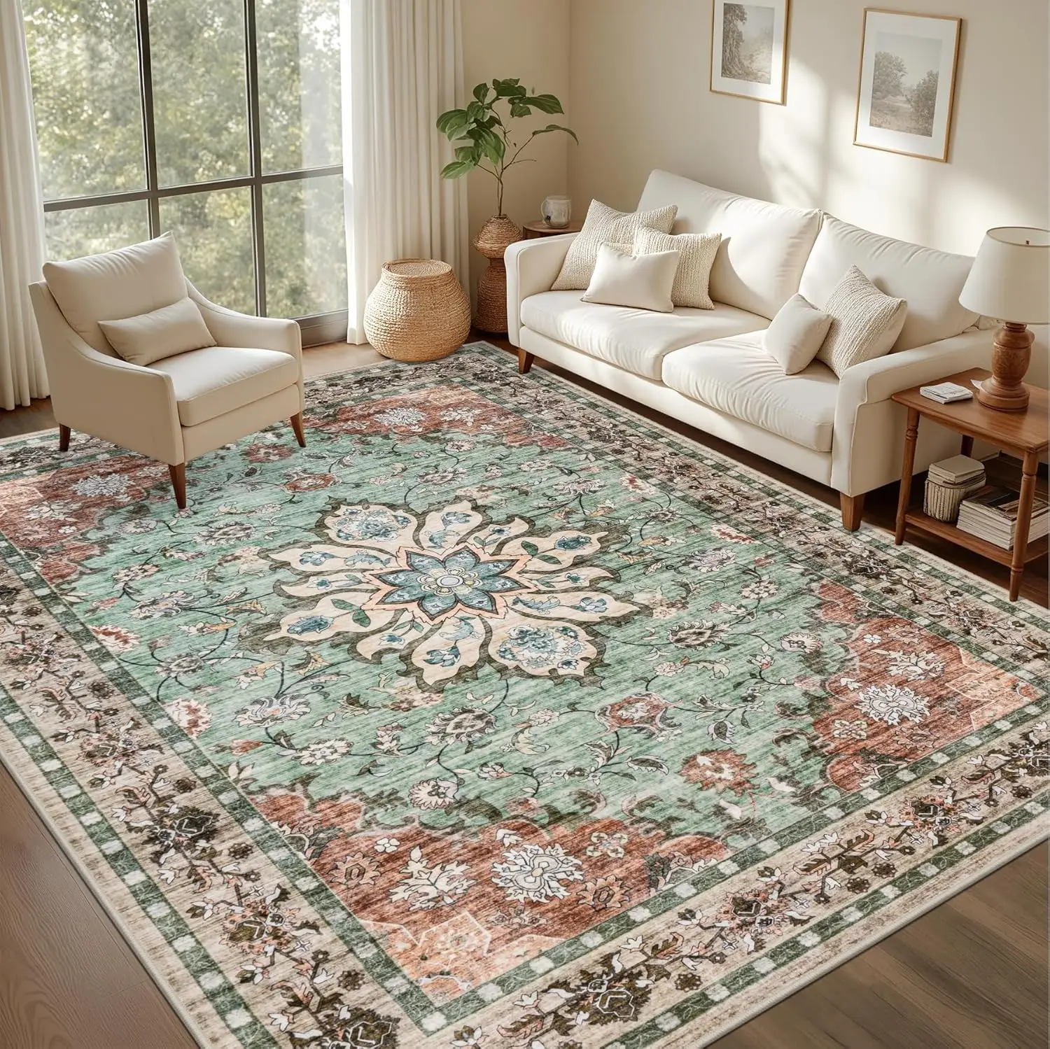 

Vintage Blue Medallion Print Area Rug, Distressed Persian Floral Non-Slip Floor Mat for Living Room Bedroom, Elegant Boho Home