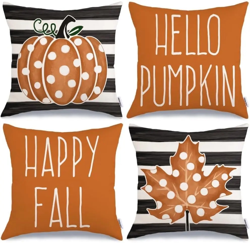

GEEORY Happy Fall Pillow Covers 18x18 Set of 4, Polka Dots Pumpkin Maple Leaves Stripes Decorative Throw Pillows Farmhouse Thank