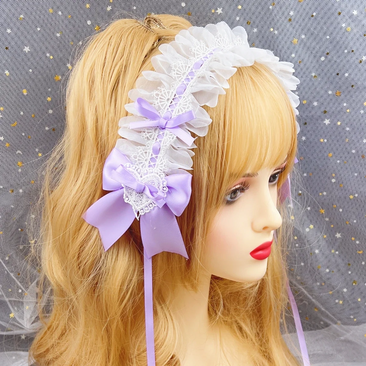 Japanese Girl Maid Cosplay Lolita Wide Lace Headband Bow Ruffles Hair Band Cross Headdress