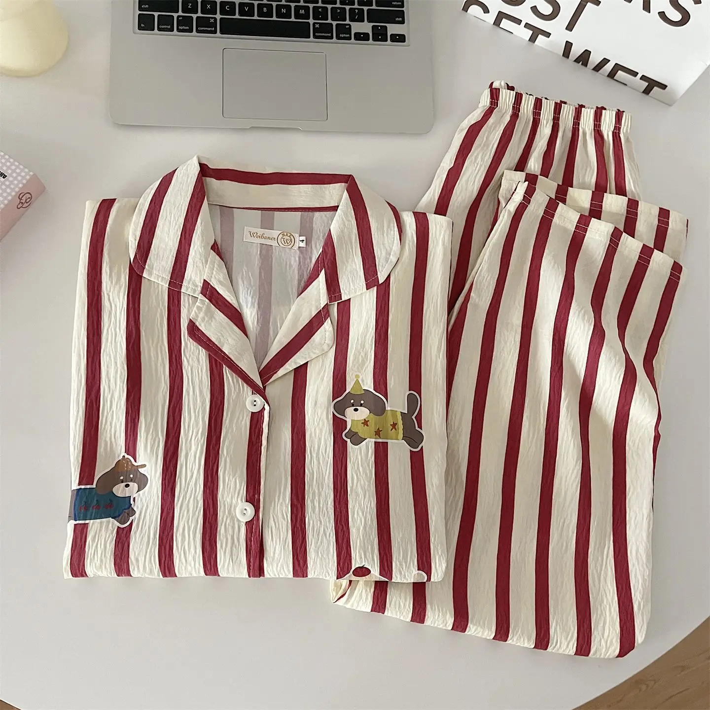 

Striped Collared Sleepwear Set for Women Spring Autumn Korean Style Cute Dog Print Home Clothes Long Sleeve Cloud Cotton Leisure