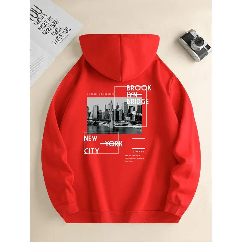 

Men's new fashion hoodie, casual everyday drawstring hooded sweatshirt, city print, front kangaroo pocket, men's jacket