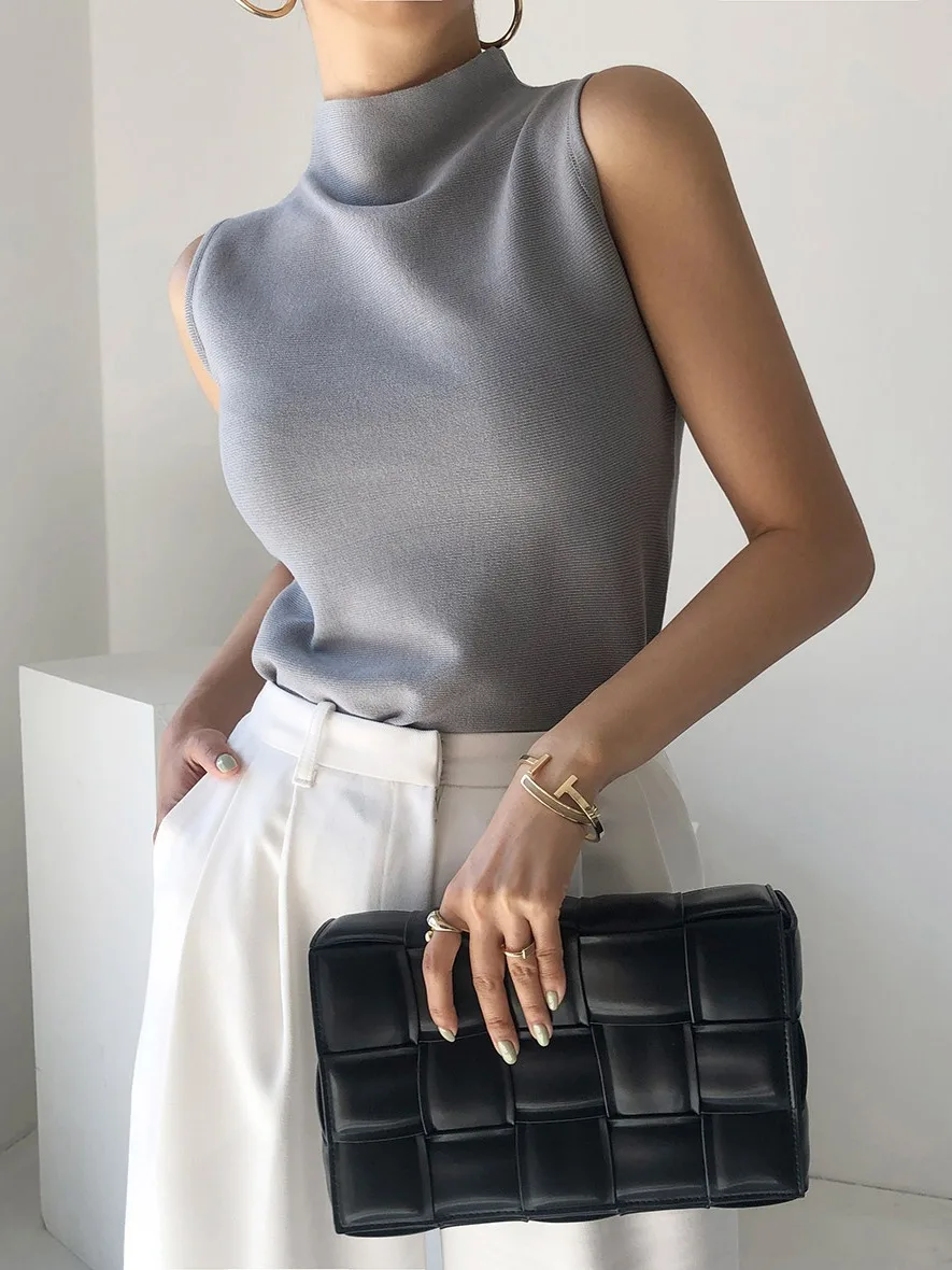 

Chic Summer Basic High Ne Slim Fit Pure Color Comfortable Knitted Vest Top for Women Sli Versatile Color Knitwear