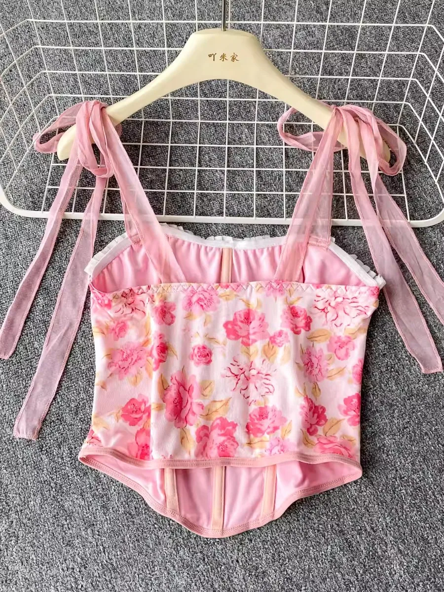 Foamlina doux Floral coupe ajustée arête de poisson haut court femmes rétro romantique rose imprimé Bandeau licou à volants gilet Camis réservoirs