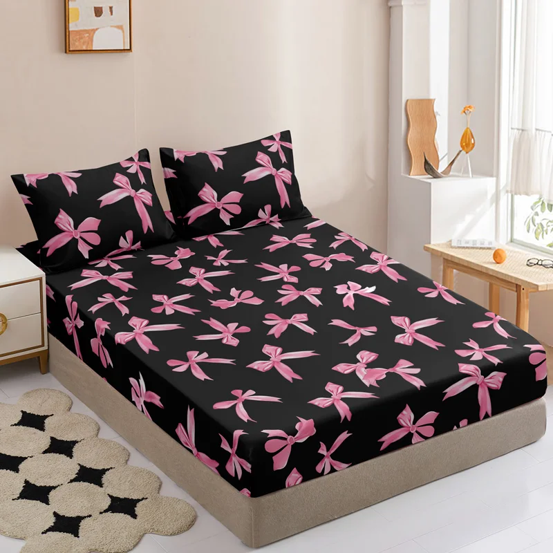 3pcs Sweet Cool Black Pink Bow Fitted Sheet Set (1 Fitted Sheet + 2 Pillowcases, NO Pillow Inserts)