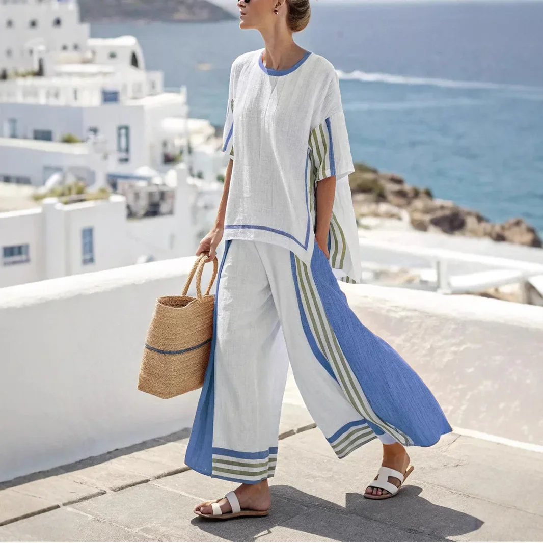 

New 2025 Ladies' Stripe Color Block Long Pants Set Polyester Fiber Skirt Ensemble Women's Fashion Casual Outfit from China