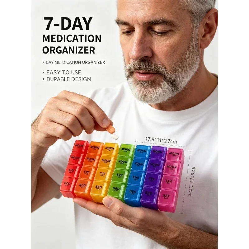 28 Grids Colorful PP Plastic Medicine Box 7 Days a Week Storage for Edible Vitamins Convenient Organizing Case