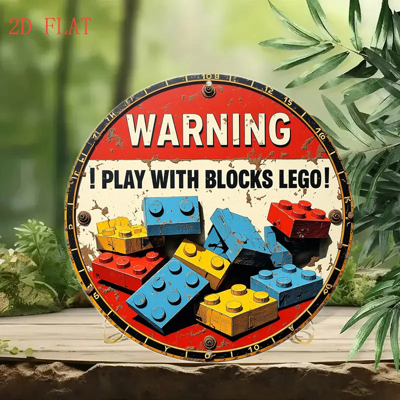 2D Flat, 1 Stück Retro-Wandschild aus rundem Aluminium mit LEGO-Thema, 20,32 cm, „WARNING! SPIELEN mit BLÖCKEN LEGO!“ Design, buntes Gebäude B
