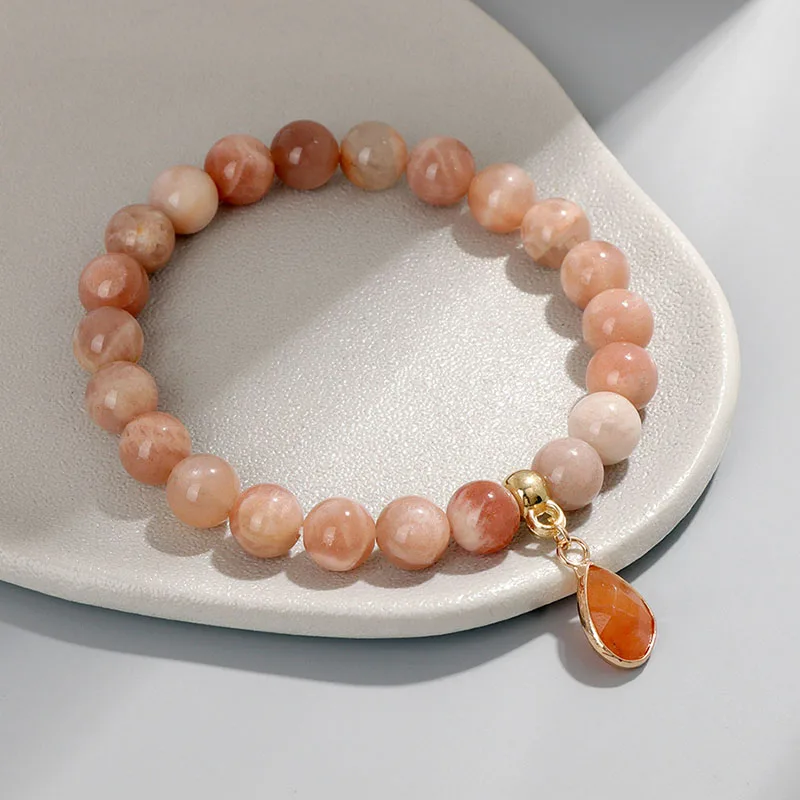 High Quality Natural Sun Stone Bracelet 8mm Healing Quartz Crystal Beads Water Drop Pendant Bracelets for Women Men Jewelry Gift