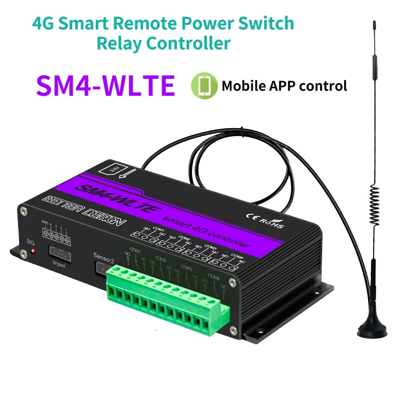 

SM4-WLTE Full Netcom 4G remote 4-channel controller Phone SMS alarm Temperature and humidity input linkage pump control