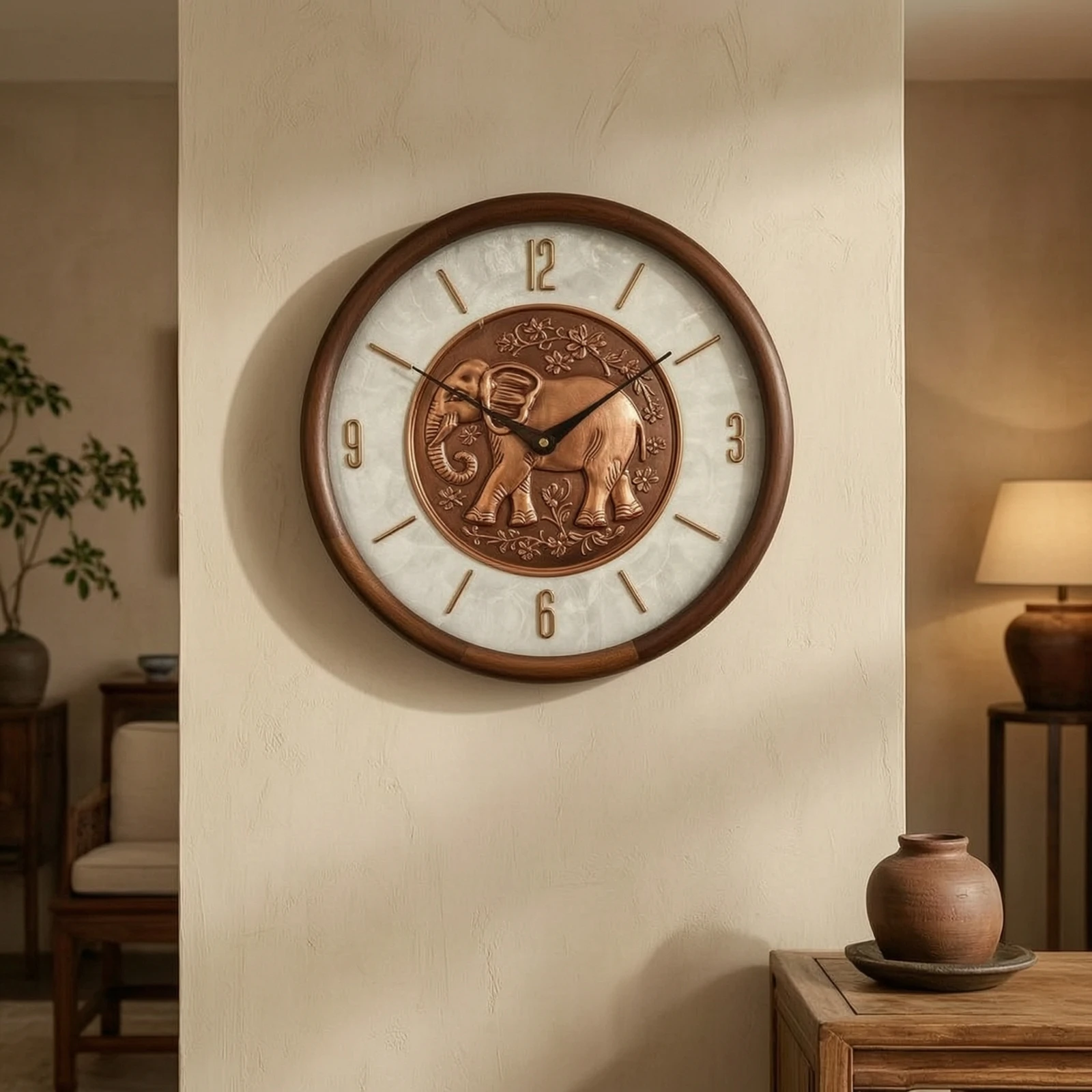 Decorative Wall Clock Copper-Colored Clock with Wood-Look Frame Easy to Read Round for Homeowners, Living Room, Office