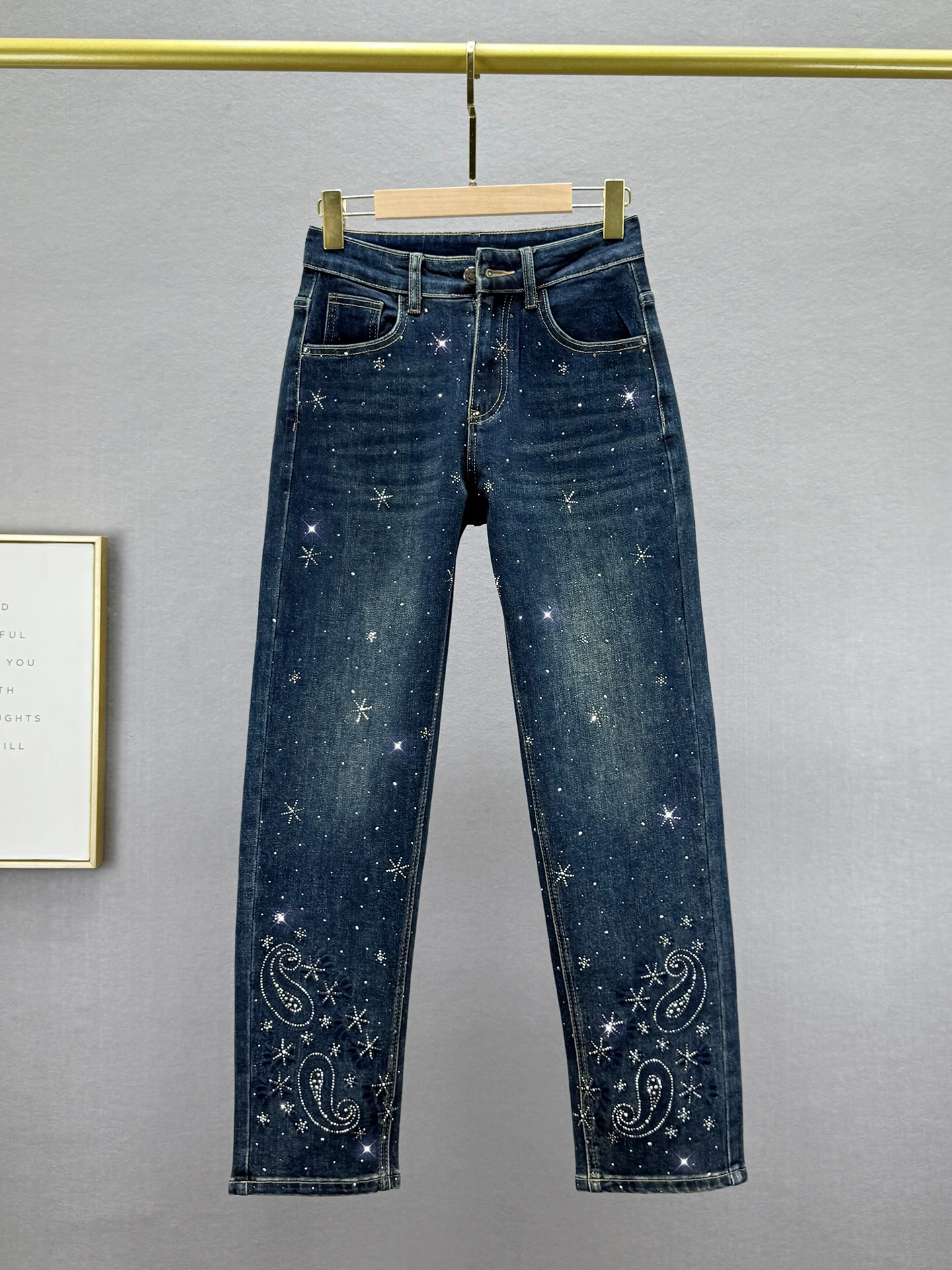 

Ретро джинсы-шаровары женские с эффектом потертости, с высокой талией, облегающие, с вышивкой и стразами, длинные брюки из комфортного хлопка