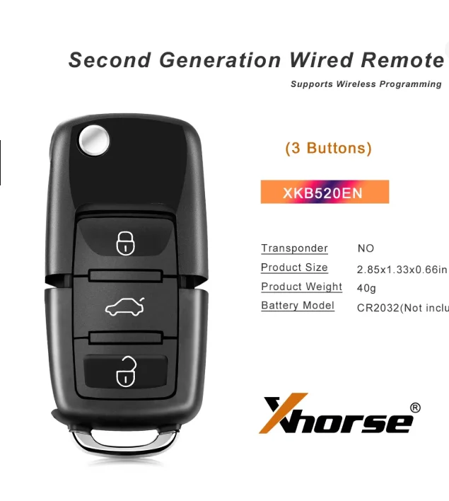 1PCS Xhorse XKB520EN Second Gen Wire Remote Key for VW B5 Flip 3 Buttons Wireless Program Compatible with XKB501EN