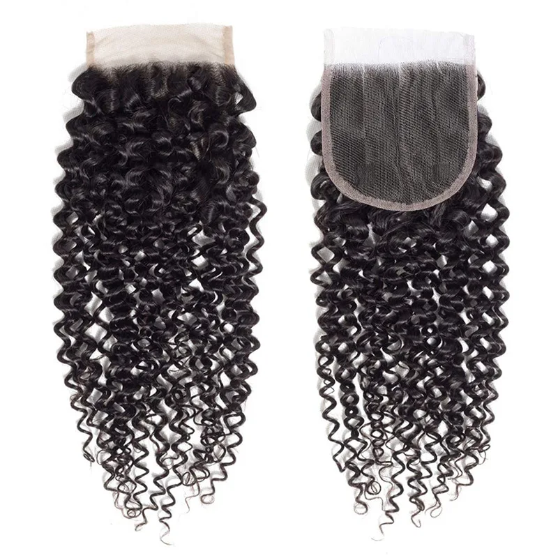 Brazilian Kinky Curly 4x4 Lace penutupan pre-plecked warna alami Remy rambut 10-18 inci Full End transparan Swiss renda