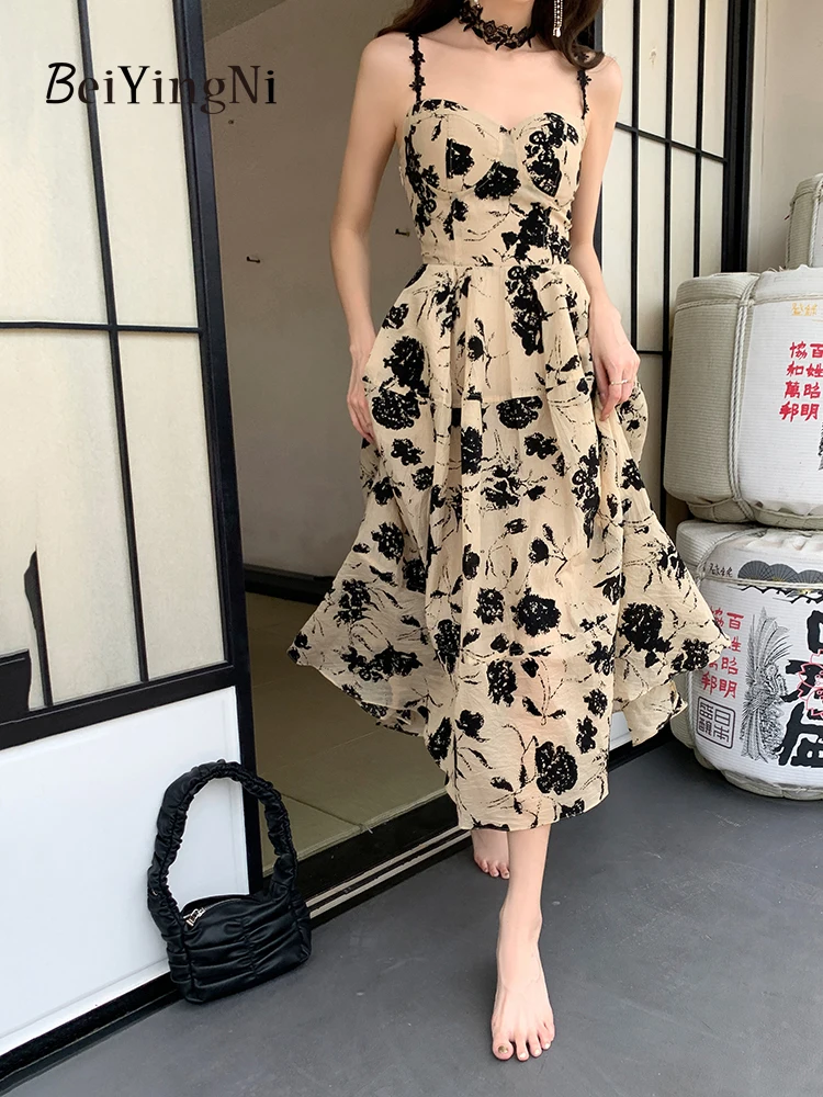 

Beiyingni Summer Vintage Elegant Spaghetti Strap A-line Dresses for Women Floral Printed Korean Chic Fashion Party Dress Ladies