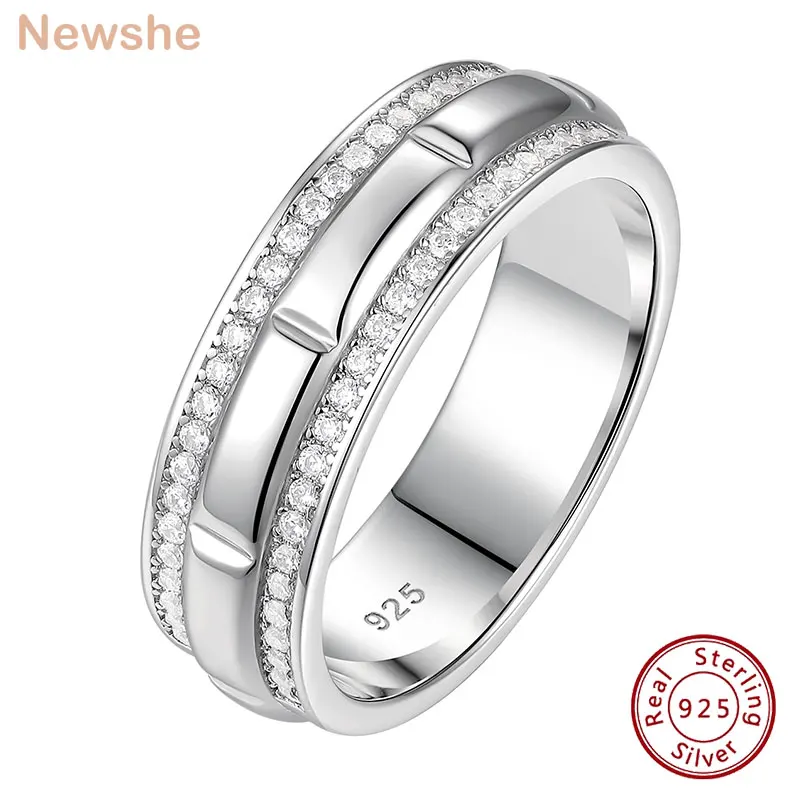 newshe solido 925 sterling silver aneis de casamento para homens half eternity anel masculino brilhante zircao cubico branco redondo joias finas 01