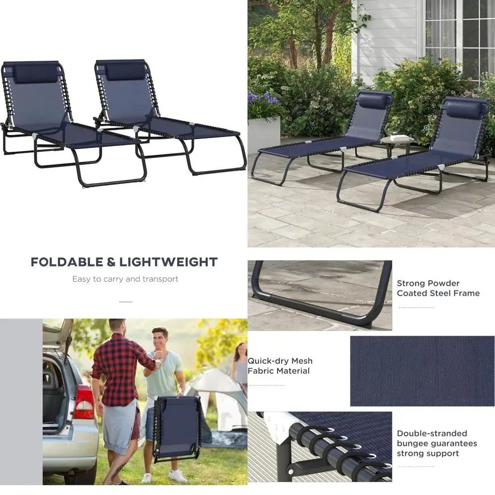 Folding Chaise Lounge Chair Set - 2 Piece Outdoor Patio Sun Tanning Chairs with 4-Position Reclining Backs