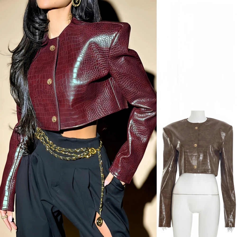 

FAGADOER Winter New Fashion Leather Patchwork Jacket for Woman Solid Color Long Sleeves Crop Top Female Streetwear Clothing