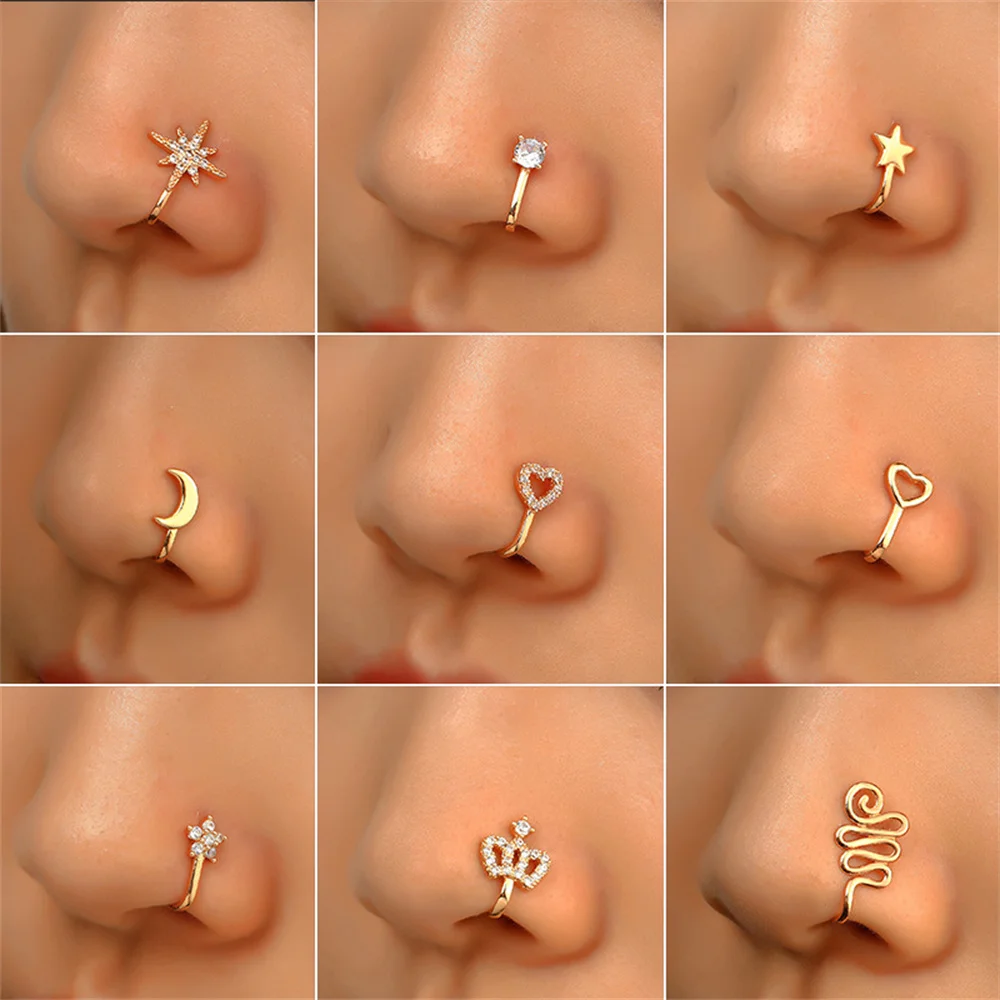 Wu\'s 2022 Summer Non-pierced U-shaped Nose Clip Copper Inlaid Zircon Star Love Crown Nose Ring Fake Nose Piercing Jewelry