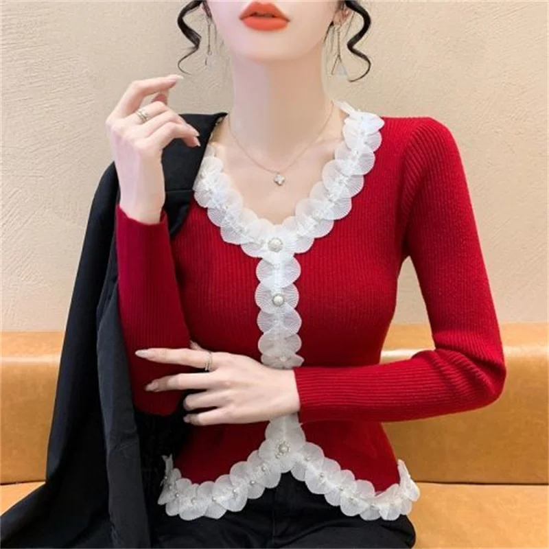 Printemps automne mode nouveau épissage dentelle pull pull femmes 2025 décontracté tout-Match col en v chemise à bascule tricots haut pour femme