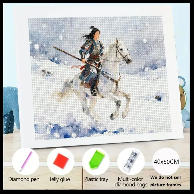Kit de pintura de diamante 5D DIY, guerrera majestuosa montando caballo blanco en paisaje de invierno nevado, fantasía Oriental completa, 1 ud.