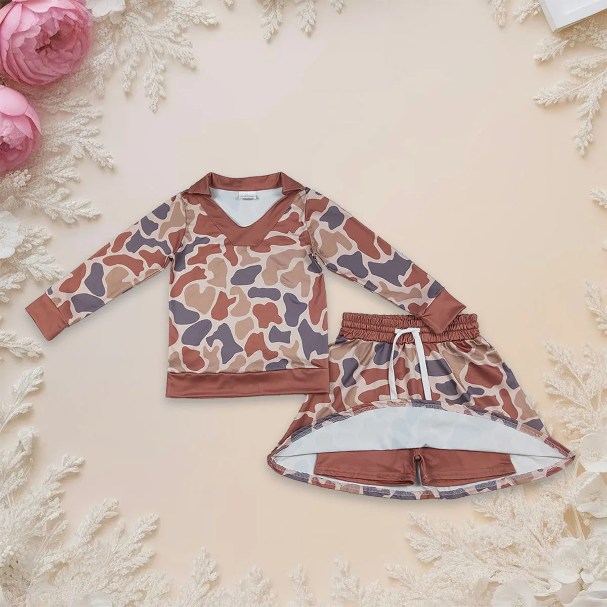 

Toddler Baby Girl Long Sleeve Southern Khaki Camo Hunting Zipper Top Skirt Skorts Set Active Kids Children Outfit Wholesale