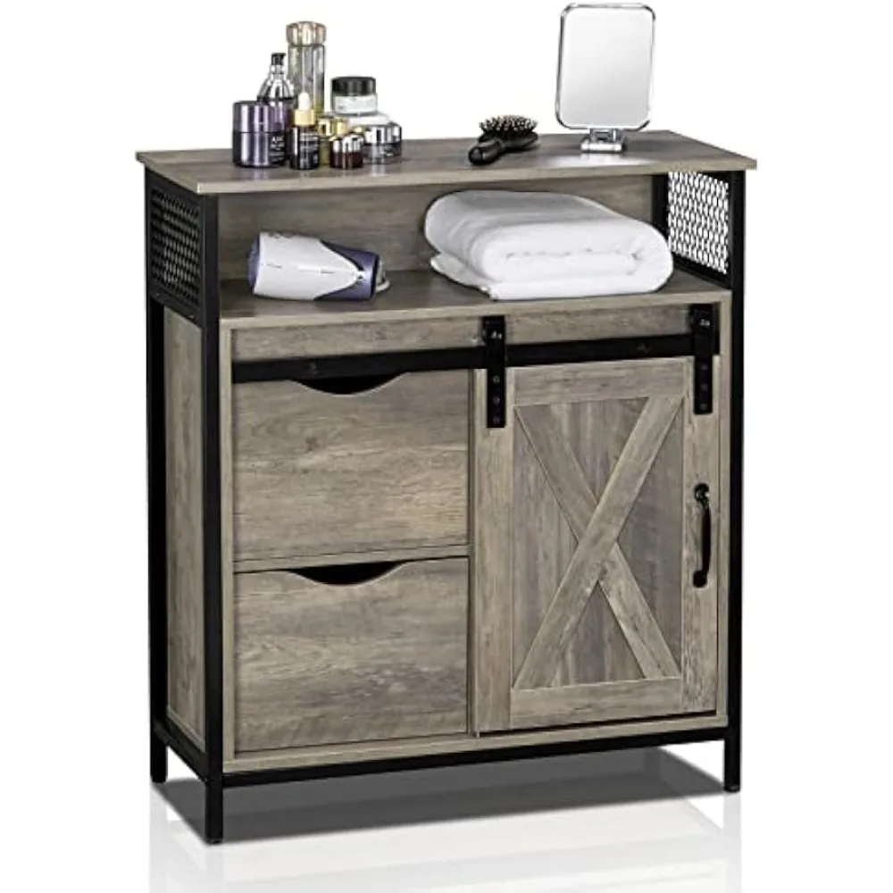 

Farmhouse Bathroom Floor Storage Cabinet, Rustic Freestanding Cabinet Organizer w/Sliding Barn Door, 2 Large Drawers and Adjust