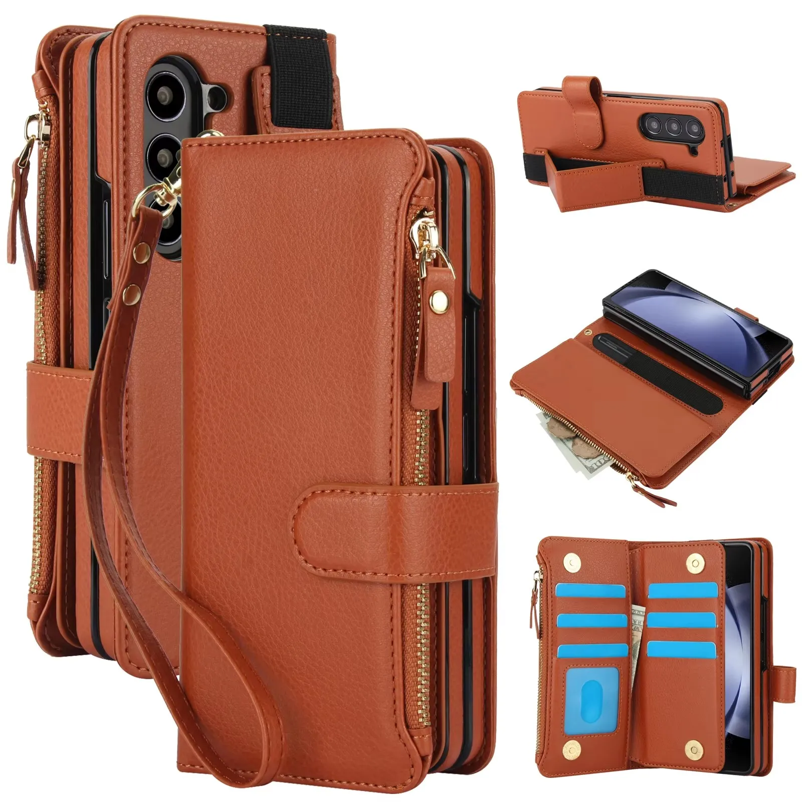 Multi Functional Zipper Wallet Elastic Wristband For Samsung Galaxy Z Fold 7 6 5 4 3 Case With Pen Slot Leather Shockproof Cover