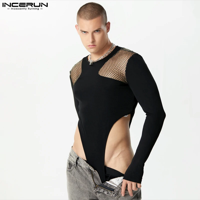 INCERUN 2023 Sexy Style Men Rompers Irregular Hollow Patchwork Mesh Jumpsuits Stylish Solid Thimble Long Sleeved Bodysuits S-5XL