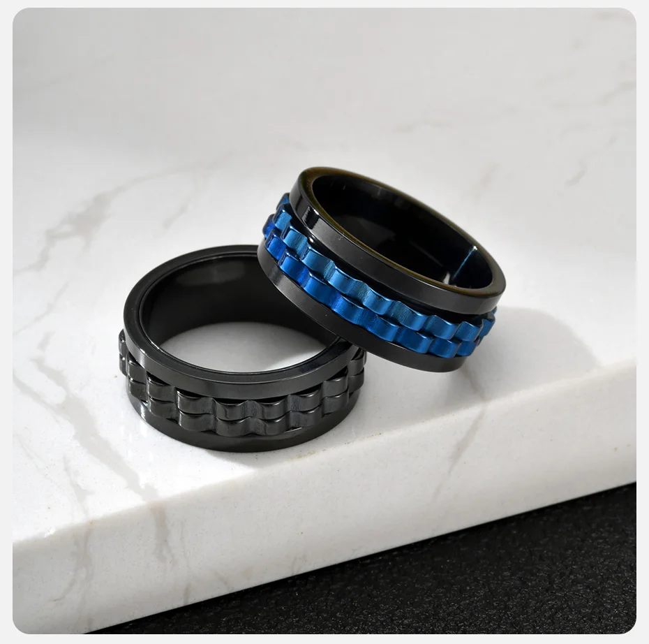 Vnox 8mm Drehbarer Schwarz/Blauer Zahnrad-Fidget-Ring für Männer und Jungen, Edelstahl Anti-Stress Angst-Spinner-Ring, Punk-Schmuck Geschenk – Detail 7