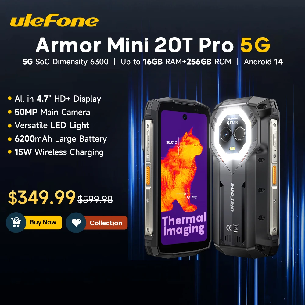 【جديد】Ulefone Armor Mini 20T Pro 4.7 بوصة هاتف متين 5G 6200mAh 33W شحن الهاتف الذكي Android 14 16GB(8+8) 256GB LED Light Mobile